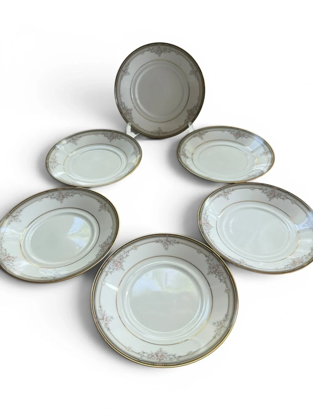 Noritake Blossom Mist Saucers Set of 6 White Floral Gold Trim Sri Lanka 3787